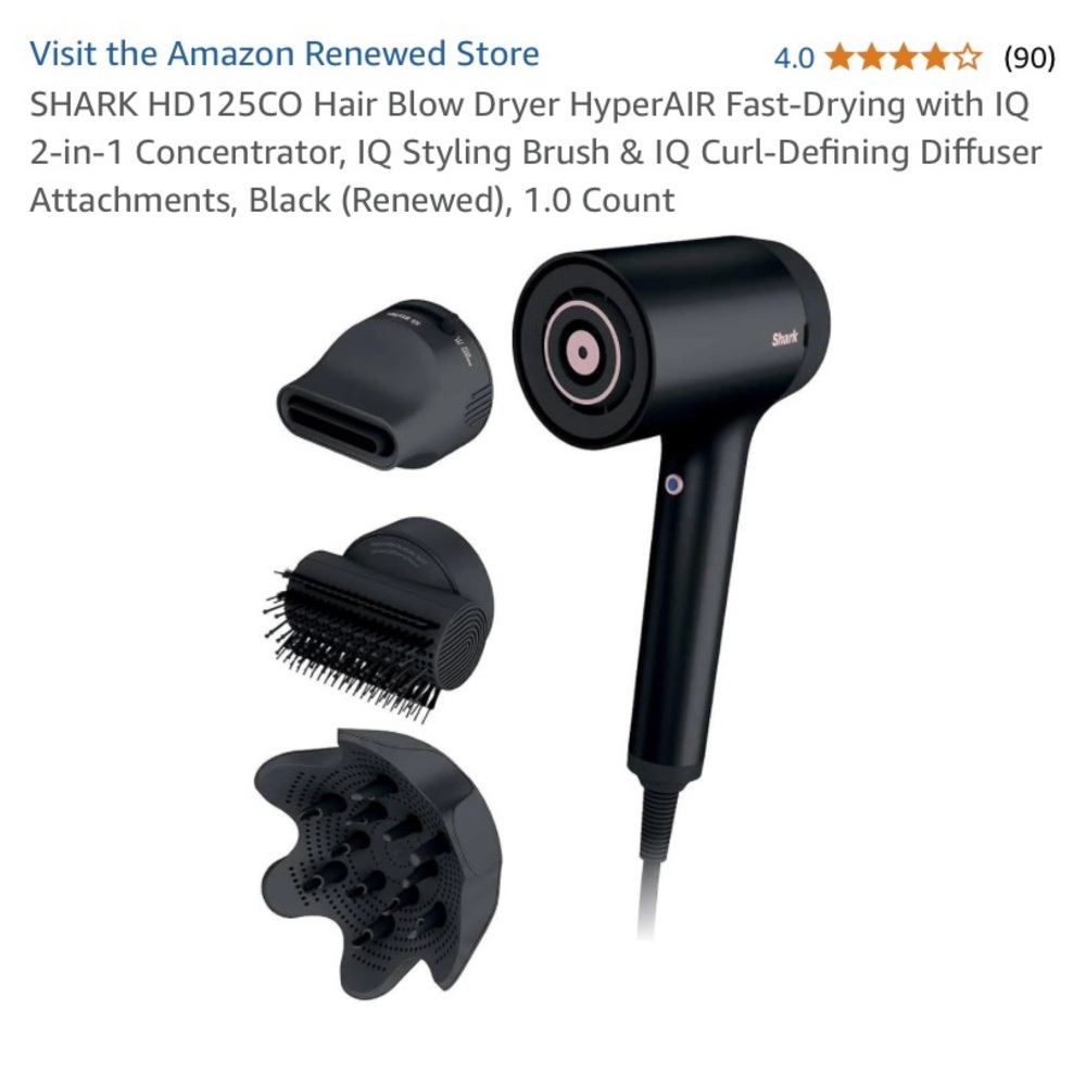 SHARK HD125CO Hair Blow Dryer HyperAIR Fast-Drying with attatchment